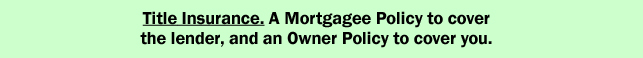 Title Insurance. A Mortgagee Policy to cover the lender, and an Owner Policy to cover you.